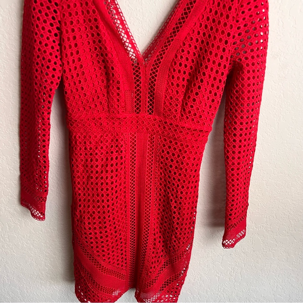 ASTR The Label Red Lace Bodycon Mini Dress Small S Long Sleeve Cutout Eyelet - Picture 6 of 11